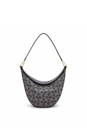 Bolsa De Hombro Loewe LOEWE Luna bag in Anagram jacquard and classic calfskin Mujer Azul Marino Negras | 209QITKCX