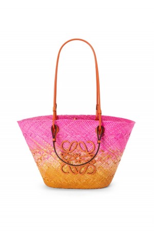 Bolso Tote Loewe Anagram Basket bag in iraca palm and calfskin Mujer Fucsia Naranjas | 927BTAVLJ