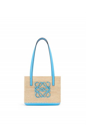 Bolso Tote Loewe Mini Square Basket bag in raffia and calfskin Mujer Azules | 038VMCQFU