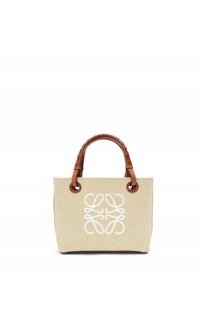 Bolsos Mini Loewe Mini Anagram Tote bag in jacquard and calfskin Mujer Ecru / Tan | 108DISXNP