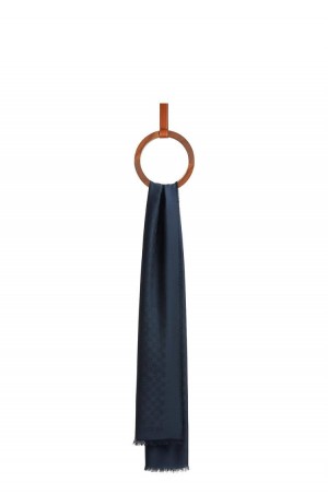 Bufandas Loewe Anagram scarf in wool and silk Mujer Azules Oscuro | 956IGVKRW