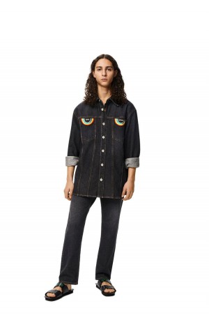 Camisas Loewe Rainbow patch overshirt in denim Hombre Negras | 567FLBNUG