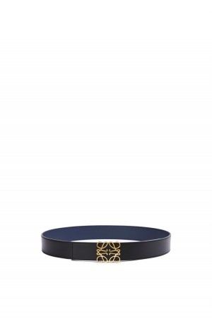 Cinturones Loewe Reversible Anagram belt in smooth calfskin and brass Hombre Negras Azul Marino Doradas | 678GYILNB