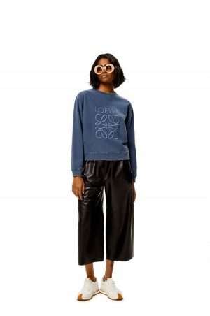 Sudaderas Loewe Distressed Anagram sweatshirt in cotton Mujer Azules | 097HNGVWO