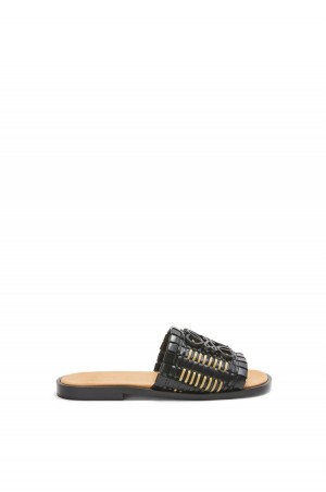 Zapatos Planos Loewe Anagram woven slide in calfskin Mujer Negras | 914BSOGTP