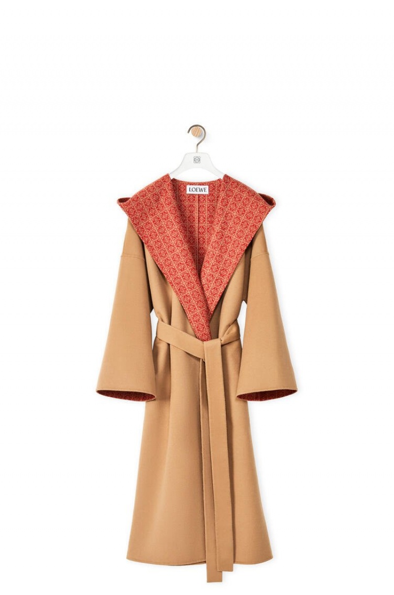 Abrigos Loewe Anagram jacquard hooded coat in wool Mujer Warm Desert / Rust | 107FNWVCQ