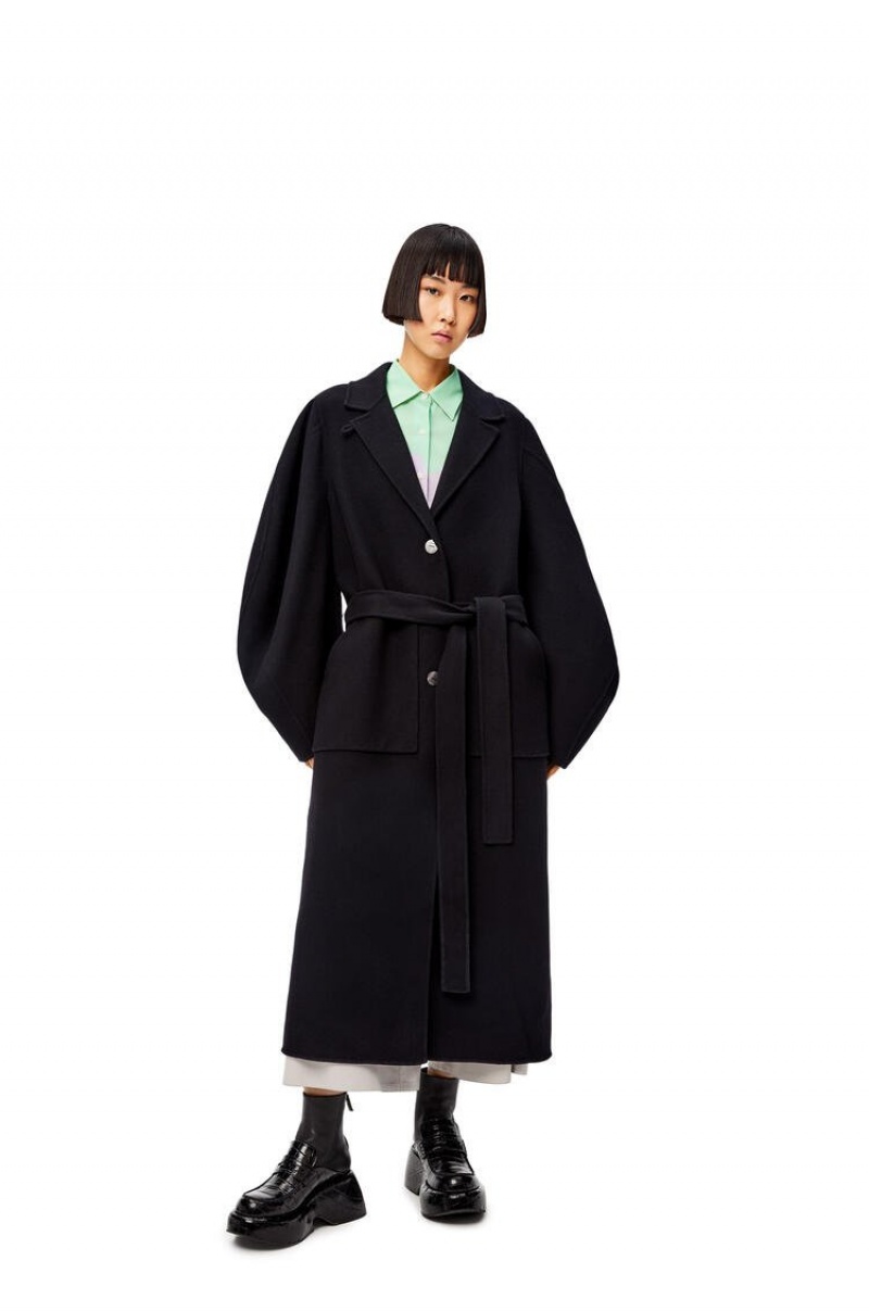 Abrigos Loewe Circular sleeve belted coat in wool and cashmere Mujer Negras | 643QCILBD