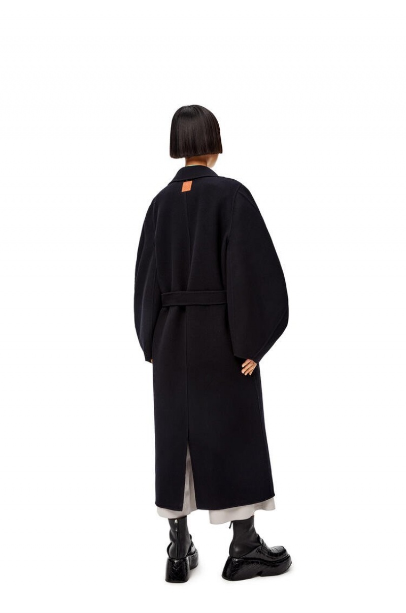 Abrigos Loewe Circular sleeve belted coat in wool and cashmere Mujer Negras | 643QCILBD