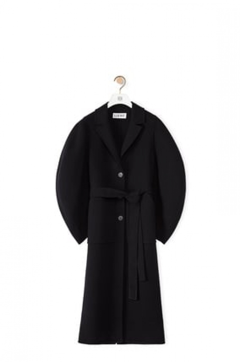 Abrigos Loewe Circular sleeve belted coat in wool and cashmere Mujer Negras | 643QCILBD