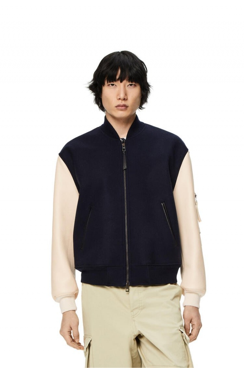 Abrigos Loewe Cuero sleeve bomber in wool Hombre Azul Marino Creme | 543BUVXEP