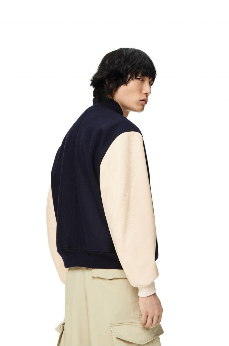 Abrigos Loewe Cuero sleeve bomber in wool Hombre Azul Marino Creme | 543BUVXEP