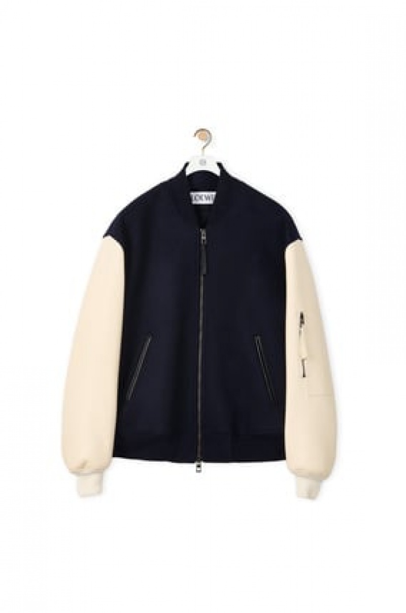 Abrigos Loewe Cuero sleeve bomber in wool Hombre Azul Marino Creme | 543BUVXEP