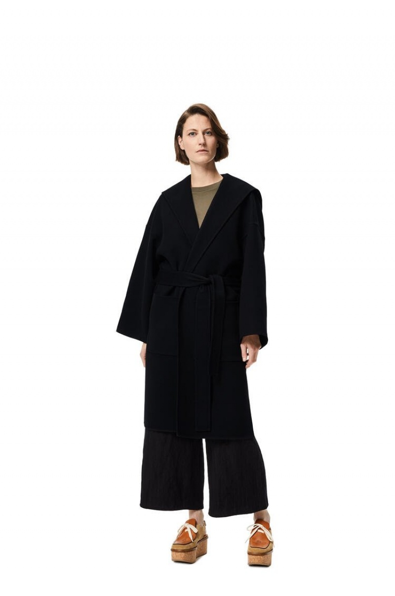 Abrigos Loewe Encapuchado belted coat in wool and cashmere Mujer Negras | 586AJCWBF