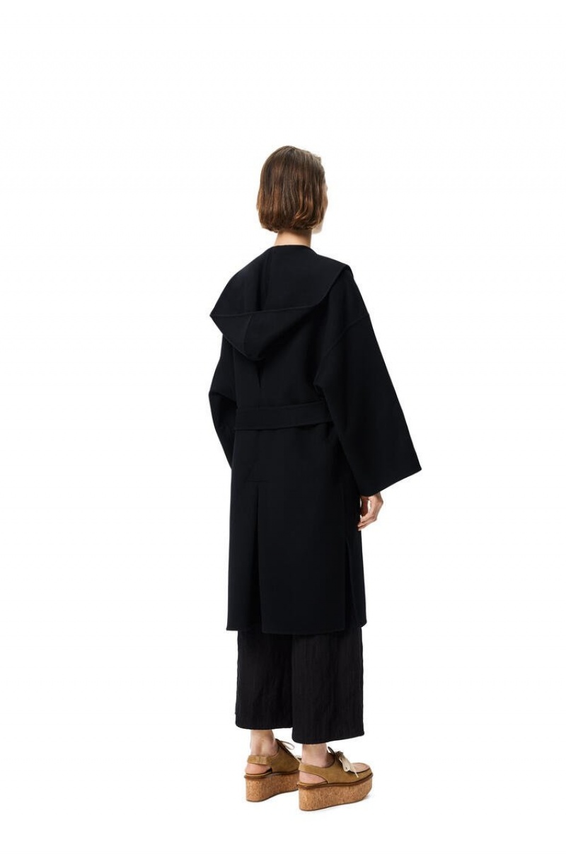 Abrigos Loewe Encapuchado belted coat in wool and cashmere Mujer Negras | 586AJCWBF