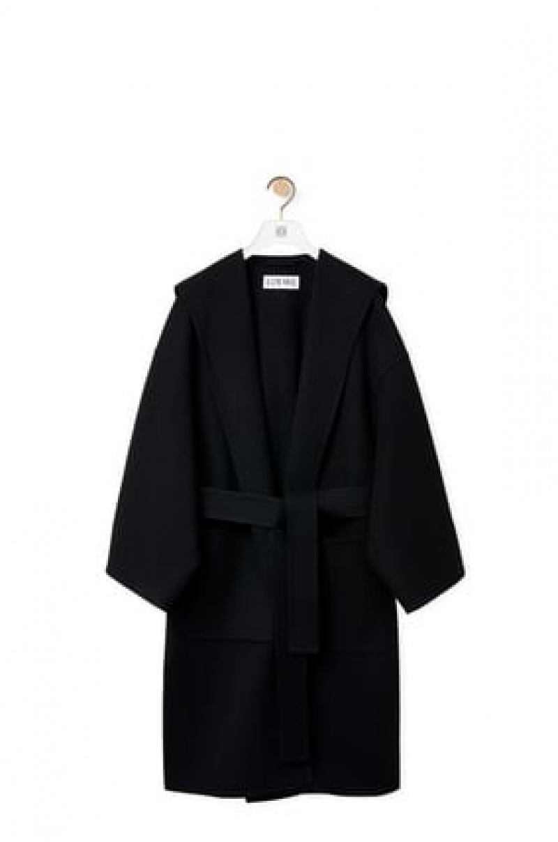 Abrigos Loewe Encapuchado belted coat in wool and cashmere Mujer Negras | 586AJCWBF