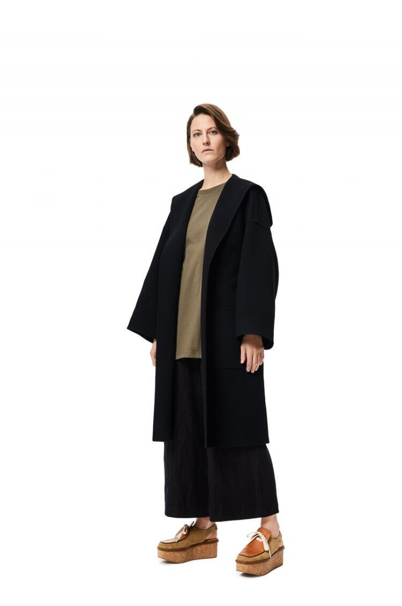 Abrigos Loewe Encapuchado belted coat in wool and cashmere Mujer Negras | 586AJCWBF