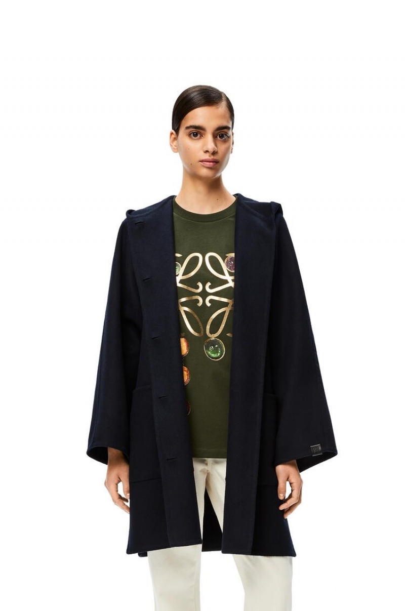 Abrigos Loewe Encapuchado coat in wool and cashmere Mujer Azul Marino Oscuro Azules | 504KEARCI