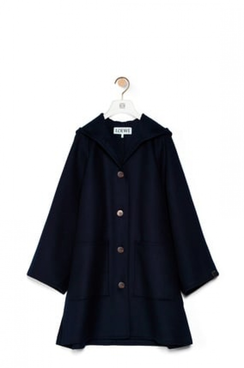 Abrigos Loewe Encapuchado coat in wool and cashmere Mujer Azul Marino Oscuro Azules | 504KEARCI