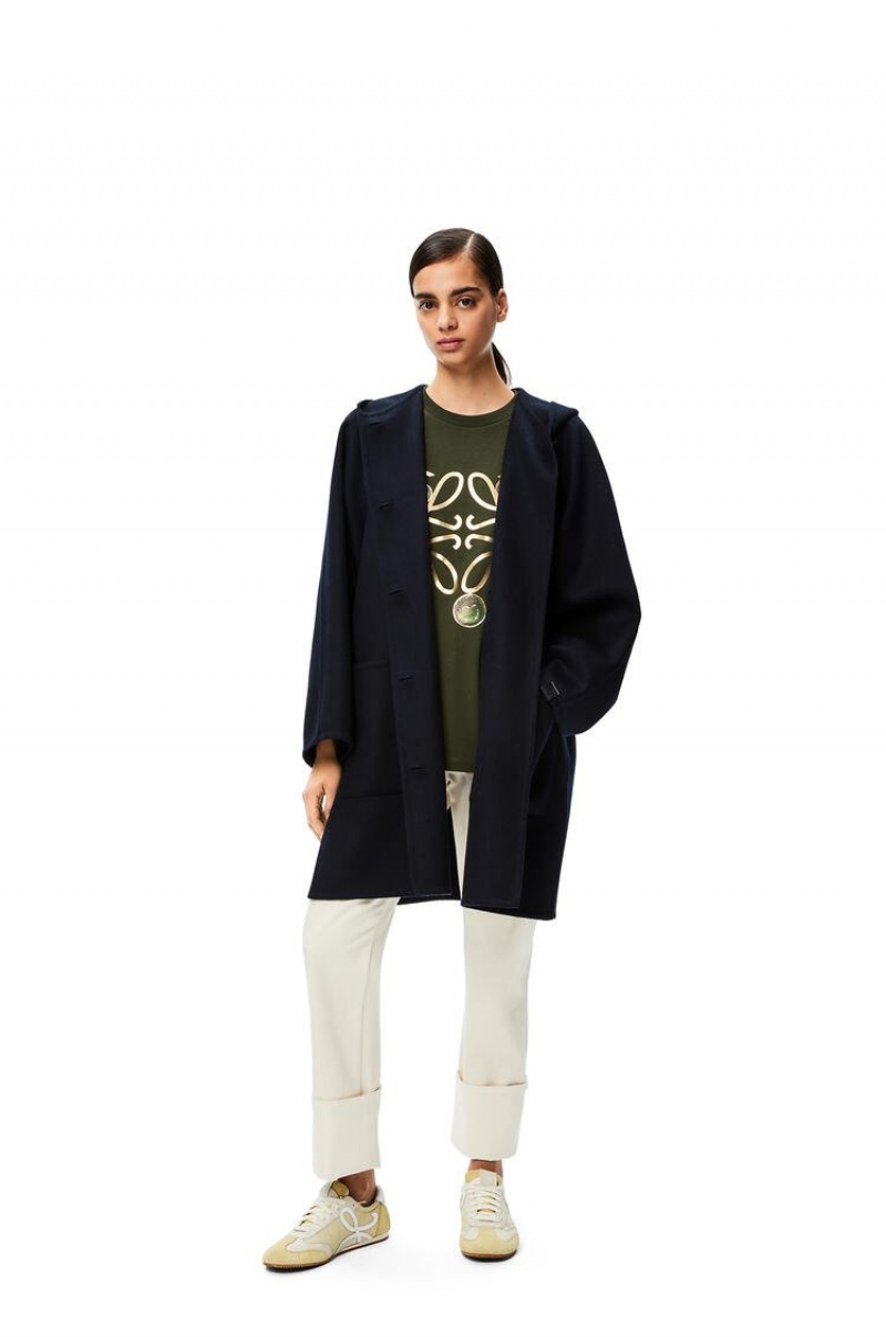 Abrigos Loewe Encapuchado coat in wool and cashmere Mujer Azul Marino Oscuro Azules | 504KEARCI