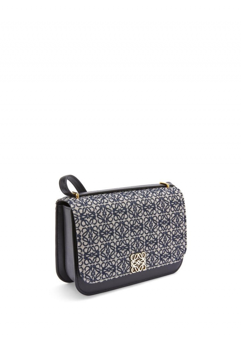 Bolsa De Hombro Loewe Goya bag in Anagram jacquard and calfskin Mujer Azul Marino Negras | 249ZAHPNR