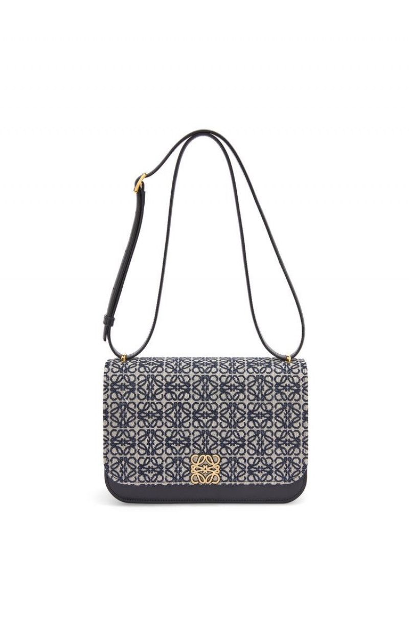 Bolsa De Hombro Loewe Goya bag in Anagram jacquard and calfskin Mujer Azul Marino Negras | 249ZAHPNR