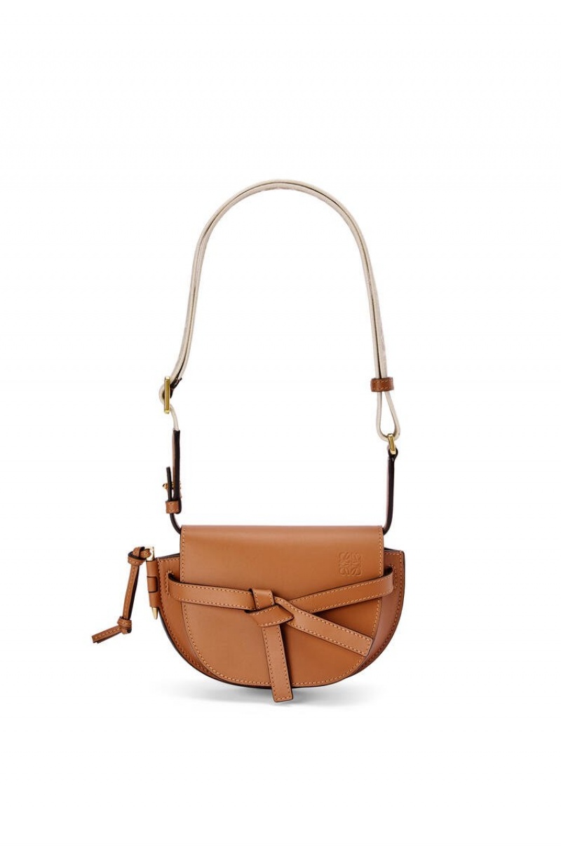 Bolsas Hombro Loewe Mini Gate Dual bag in soft calfskin and jacquard Mujer Tan | 813QRFBPV