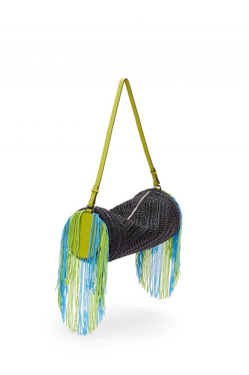 Bolso Pequeño Loewe Bracelet pouch in raffia and classic calfskin Mujer Negras Verde | 857JMFGAC