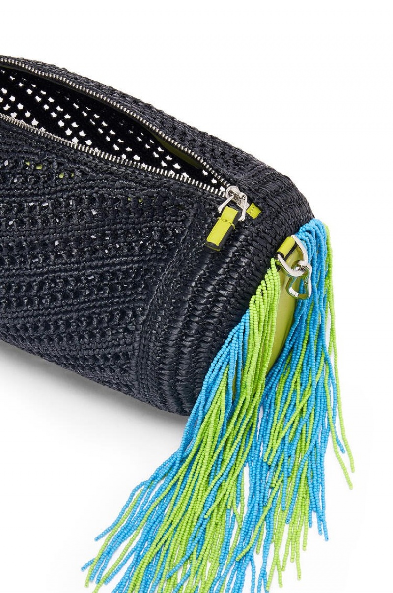 Bolso Pequeño Loewe Bracelet pouch in raffia and classic calfskin Mujer Negras Verde | 857JMFGAC