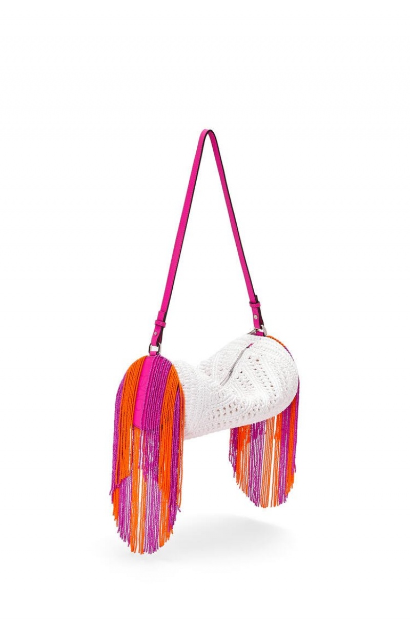 Bolso Pequeño Loewe Bracelet pouch in raffia and classic calfskin Mujer Blancas Fucsia | 216MUEWLG