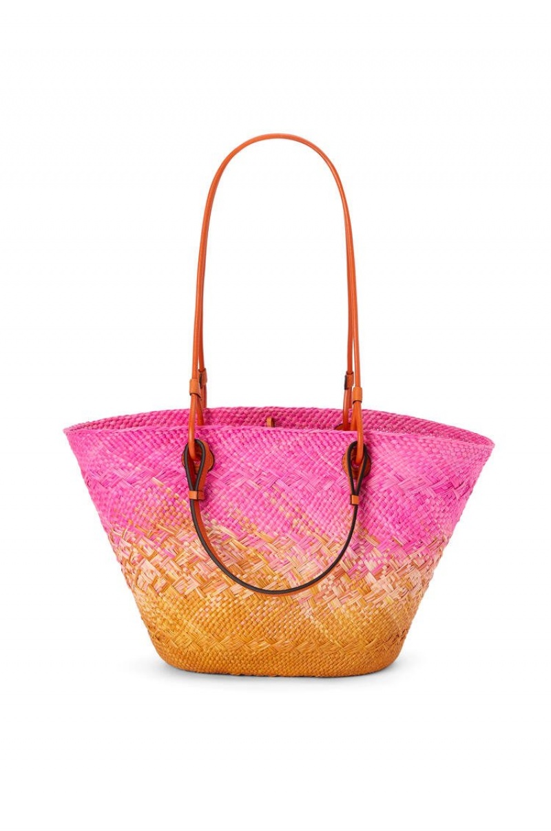 Bolso Tote Loewe Anagram Basket bag in iraca palm and calfskin Mujer Fucsia Naranjas | 927BTAVLJ