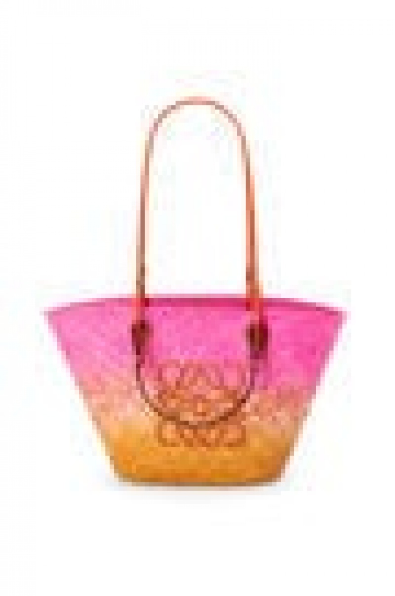 Bolso Tote Loewe Anagram Basket bag in iraca palm and calfskin Mujer Fucsia Naranjas | 927BTAVLJ