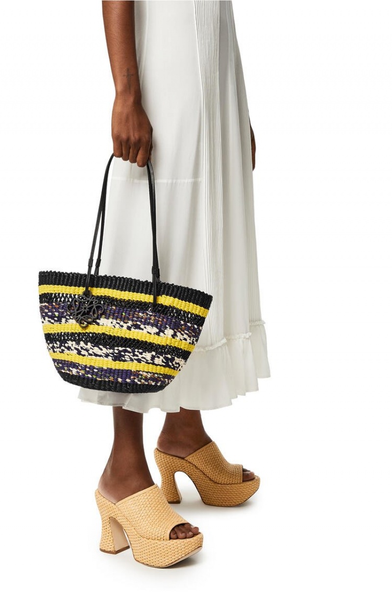 Bolso Tote Loewe Basket Tote in elephant grass and calfskin Mujer Negras Amarillo | 106AVGYKR