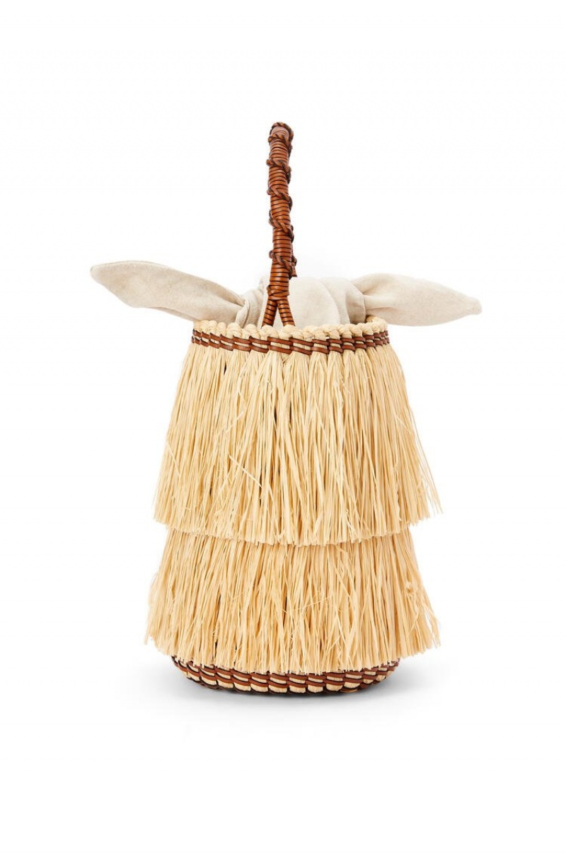 Bolso Tote Loewe Frayed Bucket bag in raffia and calfskin Mujer Natural / Tan | 209PODNRE