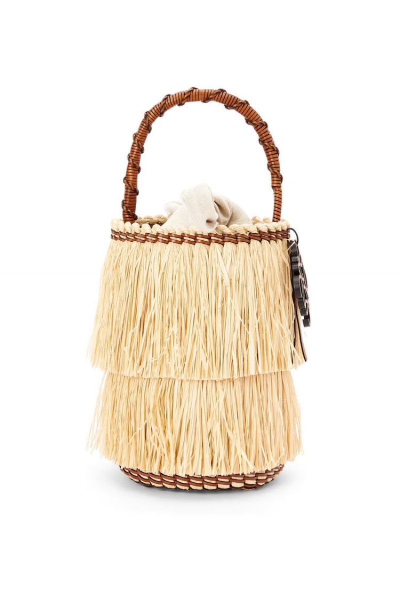 Bolso Tote Loewe Frayed Bucket bag in raffia and calfskin Mujer Natural / Tan | 209PODNRE