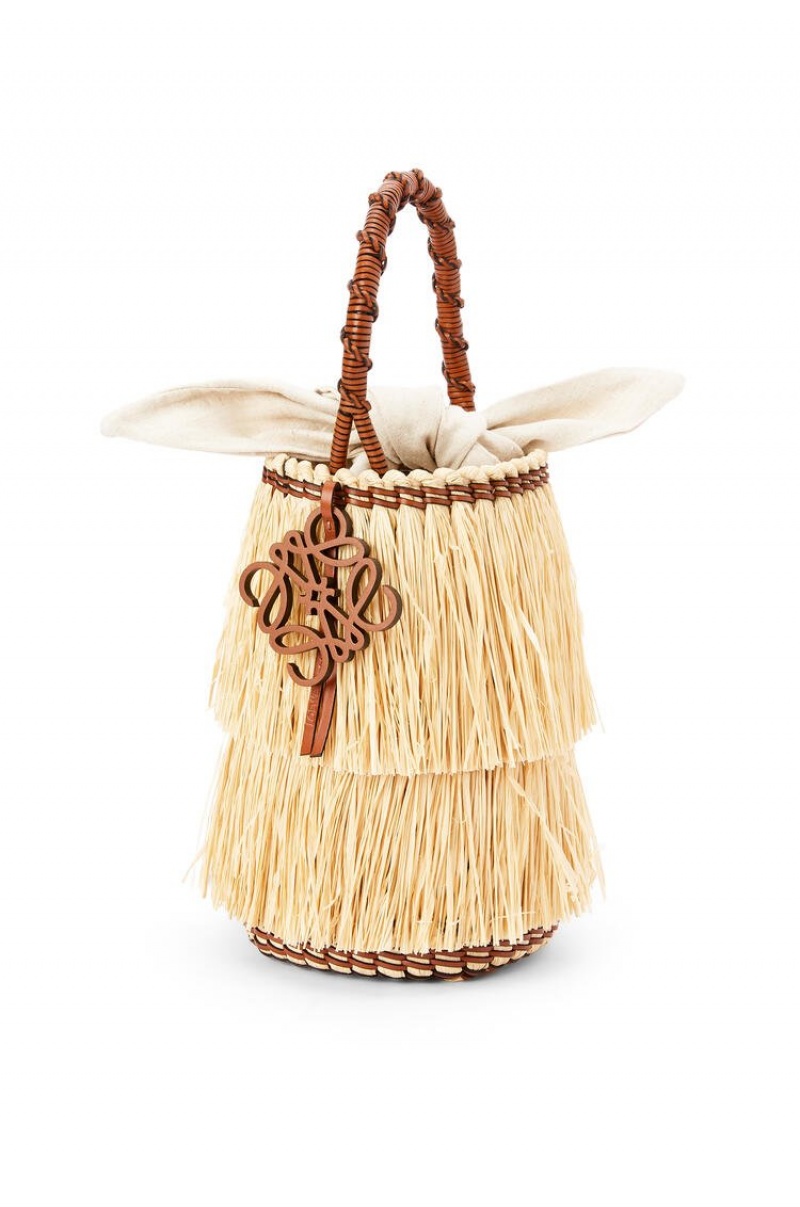 Bolso Tote Loewe Frayed Bucket bag in raffia and calfskin Mujer Natural / Tan | 209PODNRE