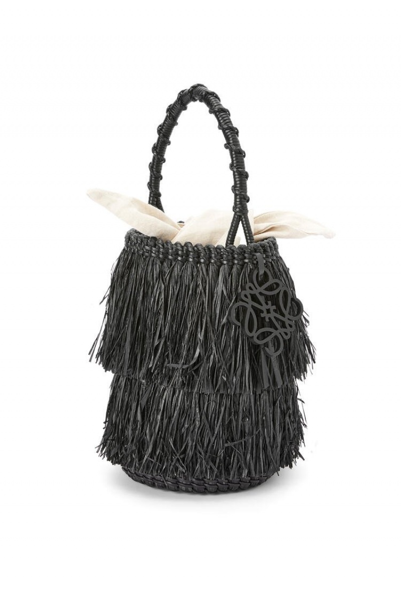 Bolso Tote Loewe Frayed Bucket bag in raffia and calfskin Mujer Negras | 748ZHDSFN