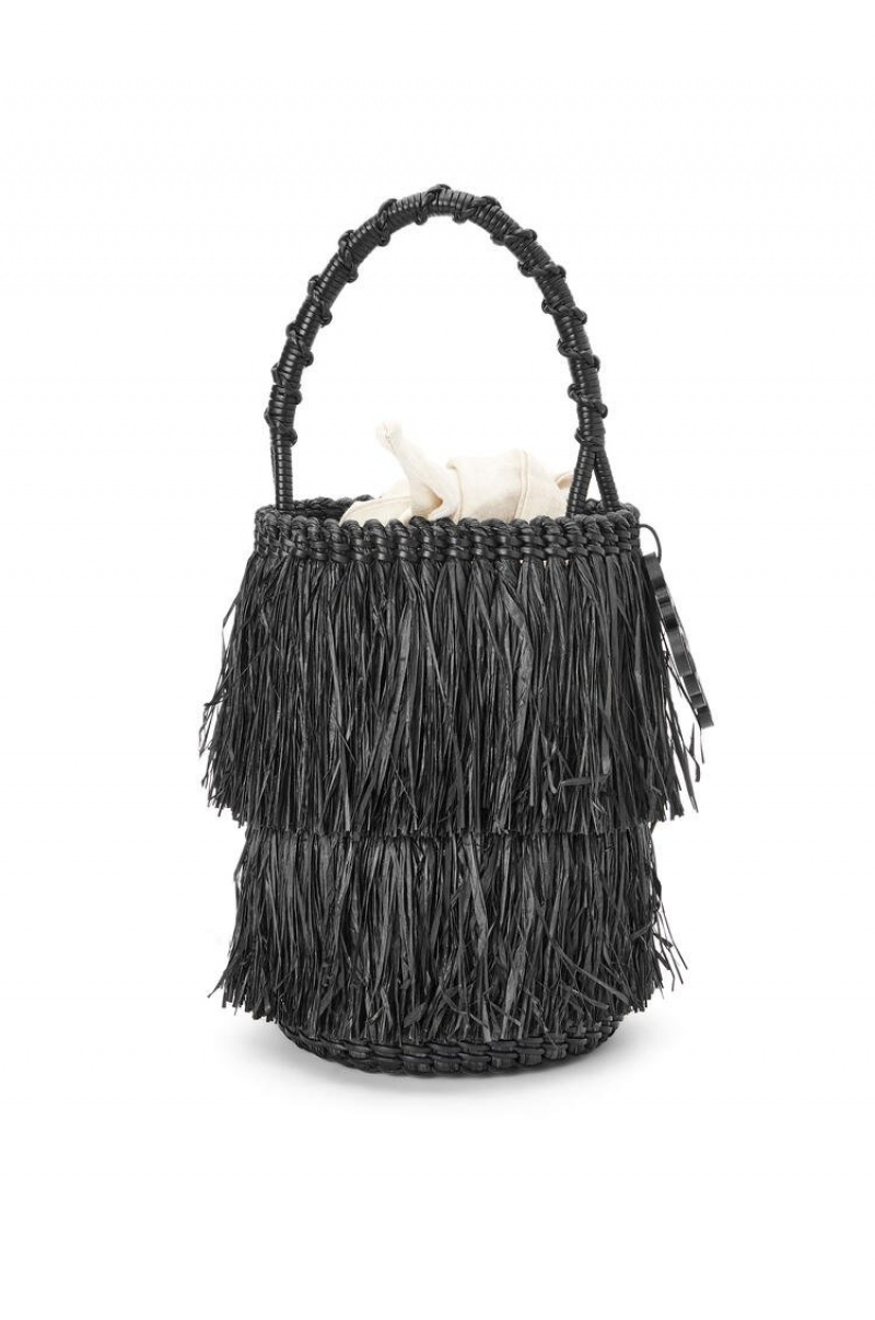 Bolso Tote Loewe Frayed Bucket bag in raffia and calfskin Mujer Negras | 748ZHDSFN