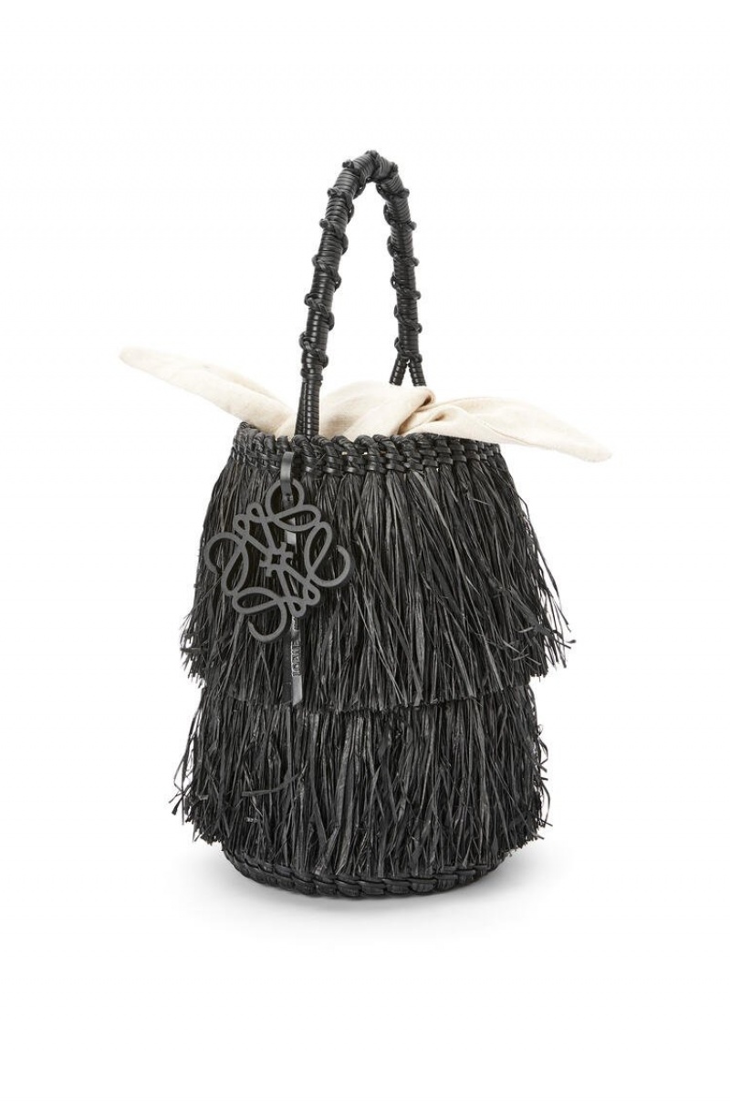 Bolso Tote Loewe Frayed Bucket bag in raffia and calfskin Mujer Negras | 748ZHDSFN