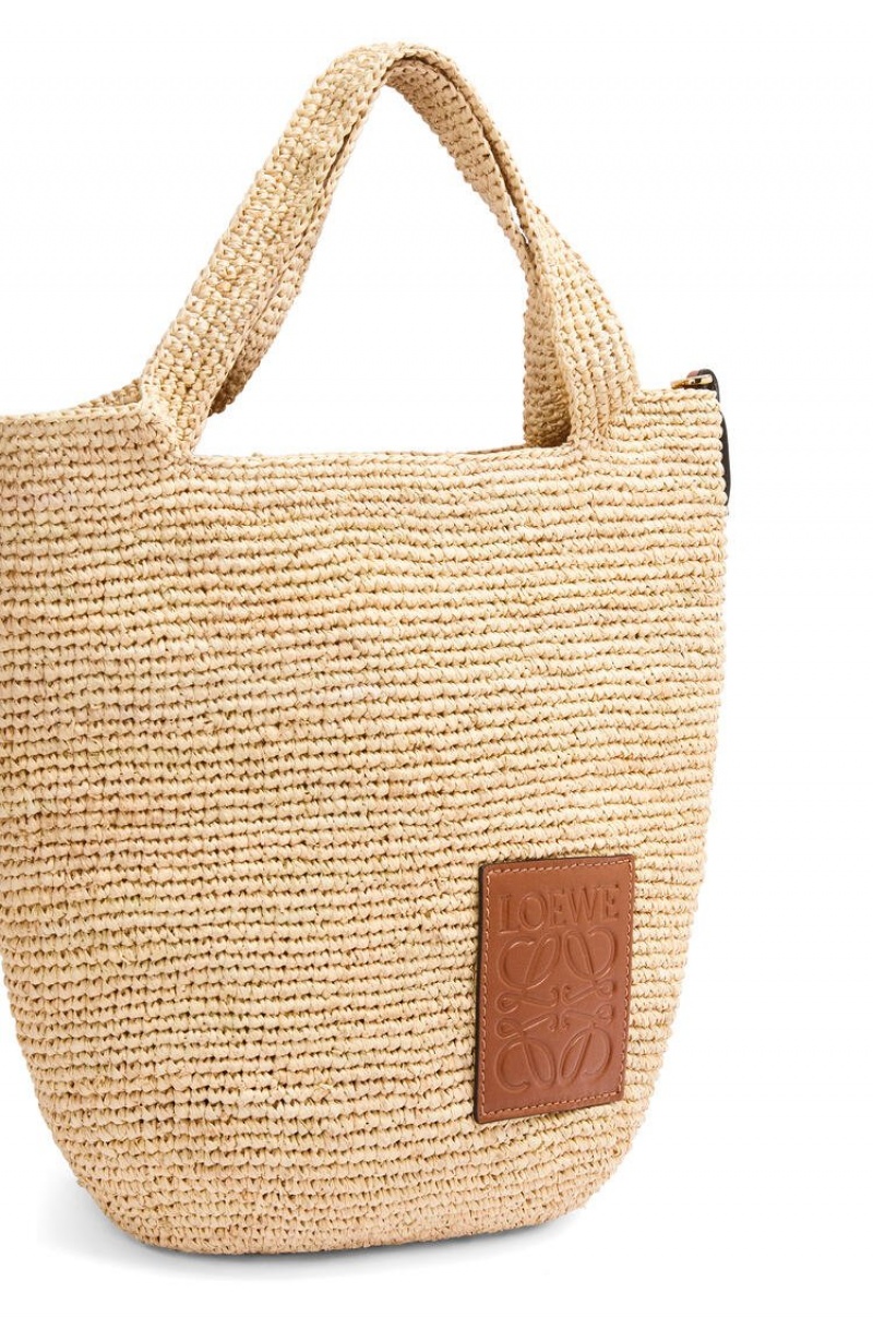 Bolso Tote Loewe Mini Slit bag in raffia and calfskin Mujer Natural / Tan | 064VGFEJQ