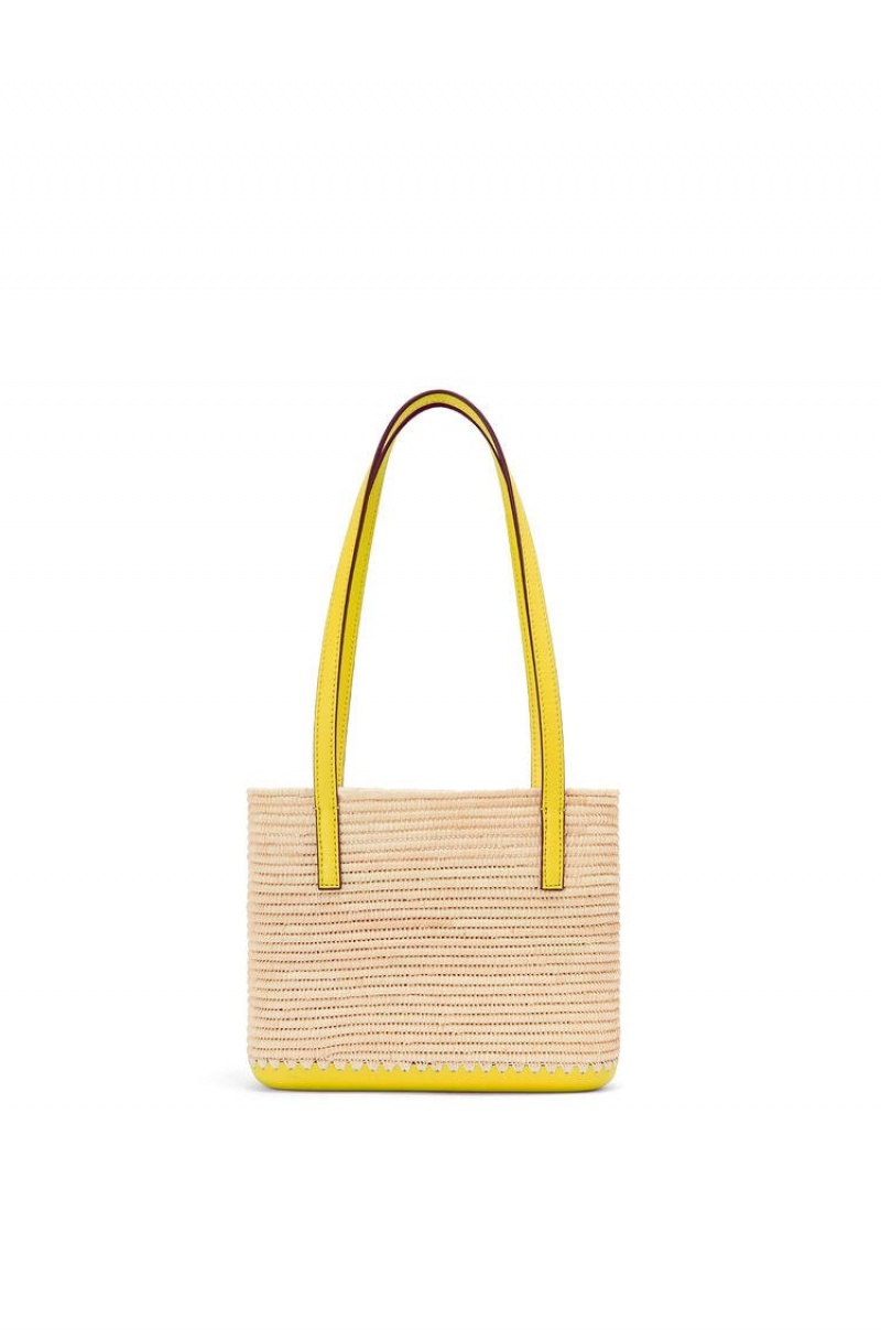 Bolso Tote Loewe Mini Square Basket bag in raffia and calfskin Mujer Limón | 706BEPQAH