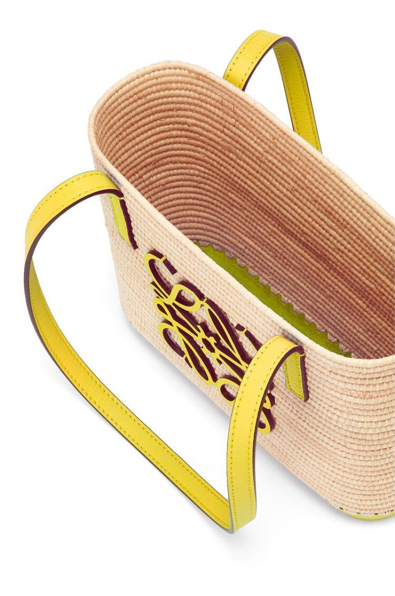 Bolso Tote Loewe Mini Square Basket bag in raffia and calfskin Mujer Limón | 706BEPQAH