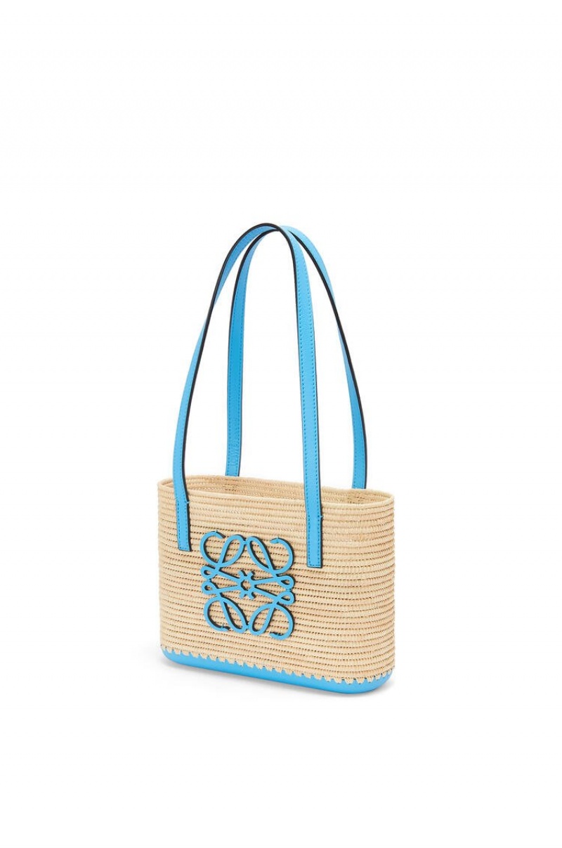 Bolso Tote Loewe Mini Square Basket bag in raffia and calfskin Mujer Azules | 038VMCQFU