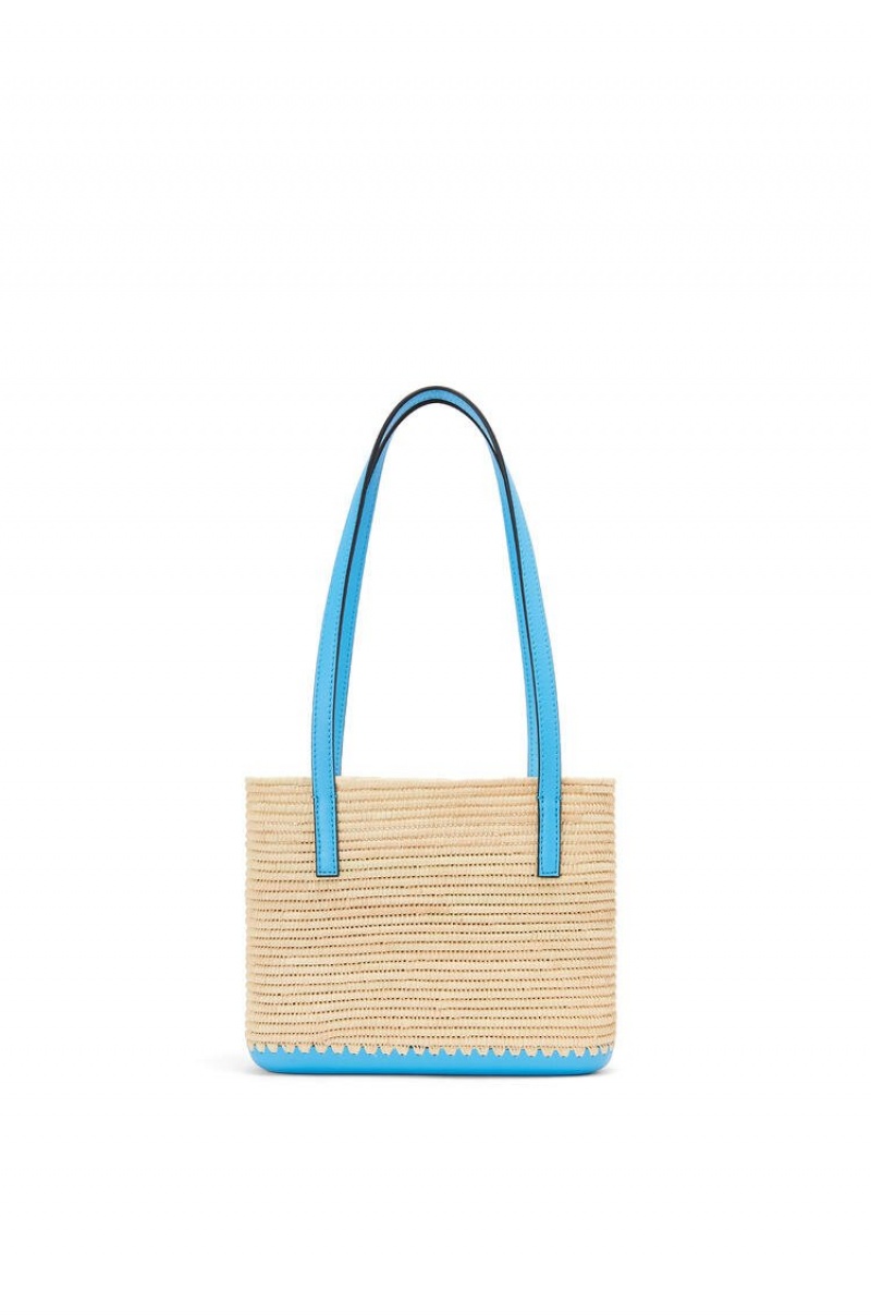 Bolso Tote Loewe Mini Square Basket bag in raffia and calfskin Mujer Azules | 038VMCQFU