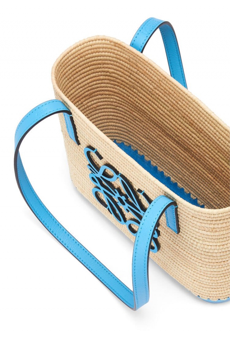 Bolso Tote Loewe Mini Square Basket bag in raffia and calfskin Mujer Azules | 038VMCQFU