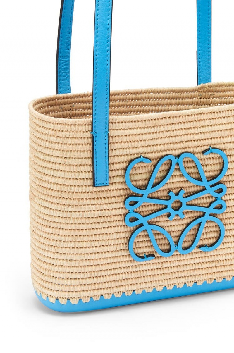 Bolso Tote Loewe Mini Square Basket bag in raffia and calfskin Mujer Azules | 038VMCQFU