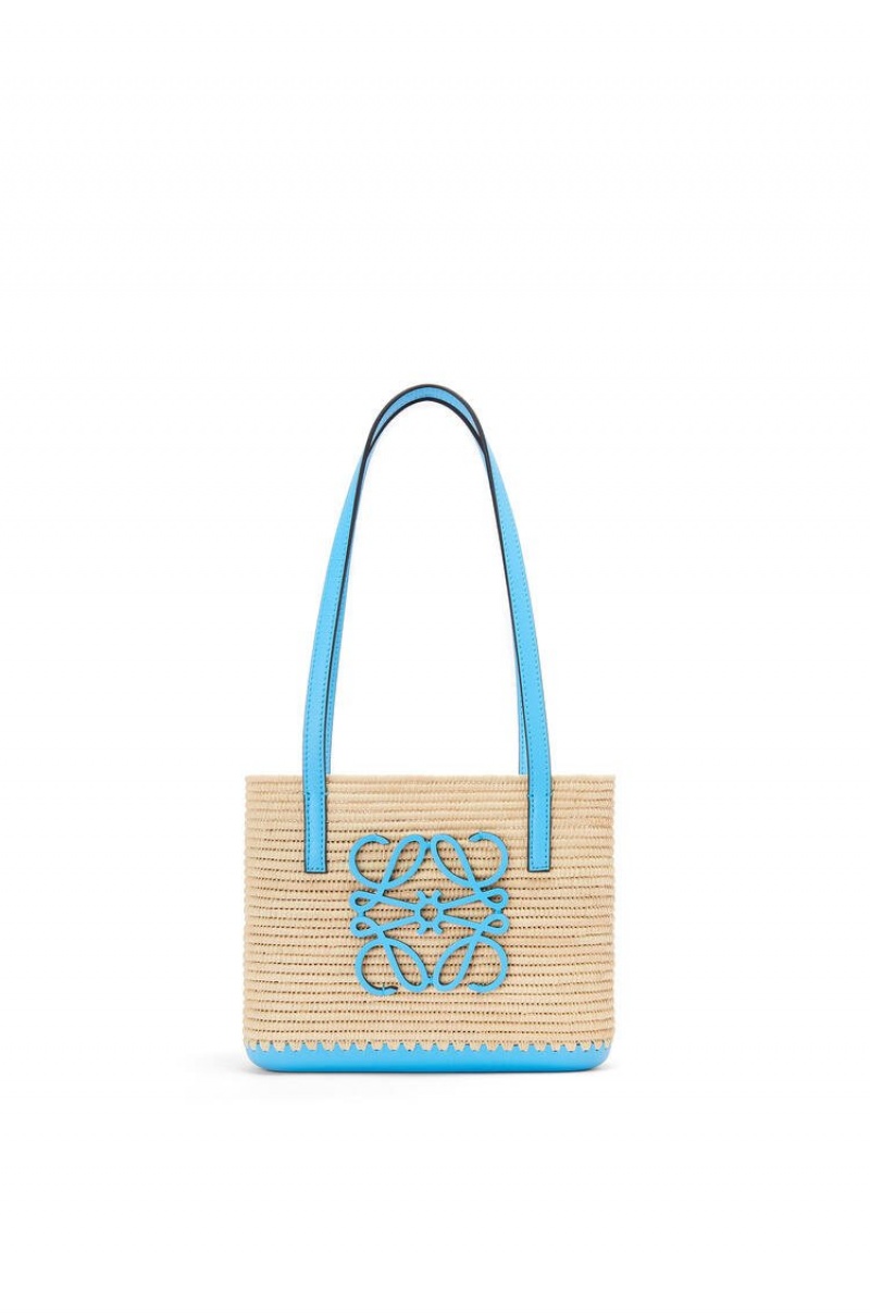 Bolso Tote Loewe Mini Square Basket bag in raffia and calfskin Mujer Azules | 038VMCQFU