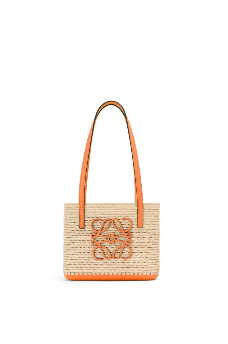 Bolso Tote Loewe Mini Square Basket bag in raffia and calfskin Mujer Naranjas | 829HRFECT