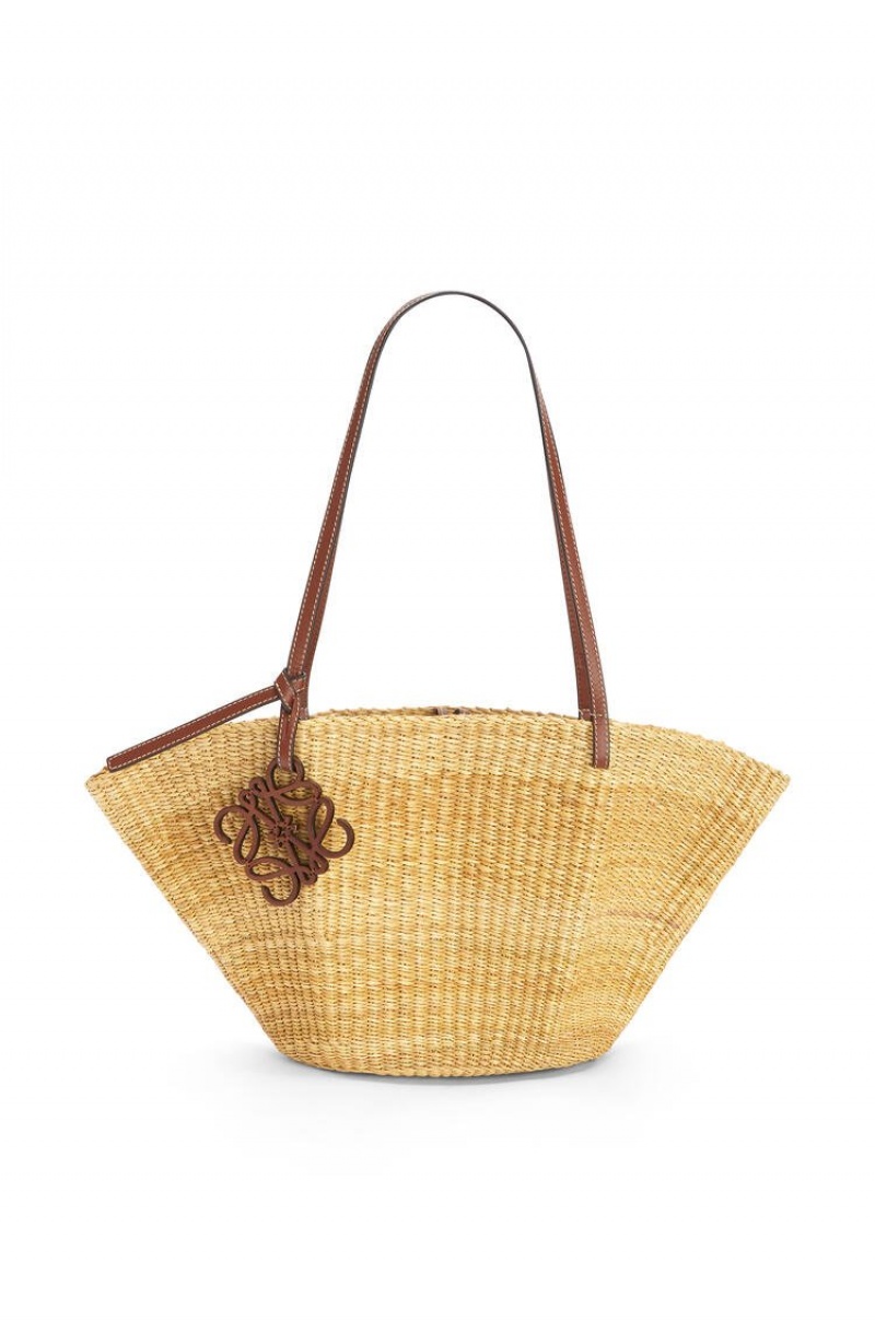 Bolso Tote Loewe Shell Basket bag in elephant grass and calfskin Mujer Natural / Pecan | 431FQSDKX