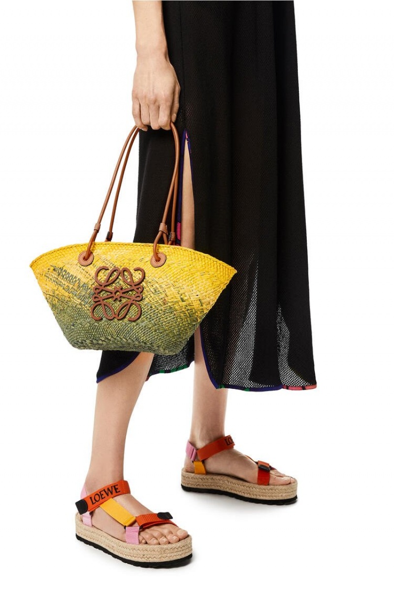 Bolso Tote Loewe Small Anagram Basket bag in iraca palm and calfskin Mujer Kaki Verde Amarillo | 659ZAOQSJ