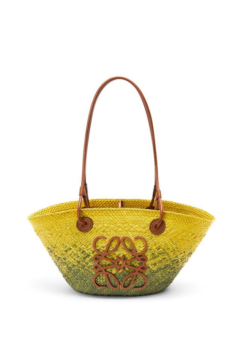 Bolso Tote Loewe Small Anagram Basket bag in iraca palm and calfskin Mujer Kaki Verde Amarillo | 659ZAOQSJ